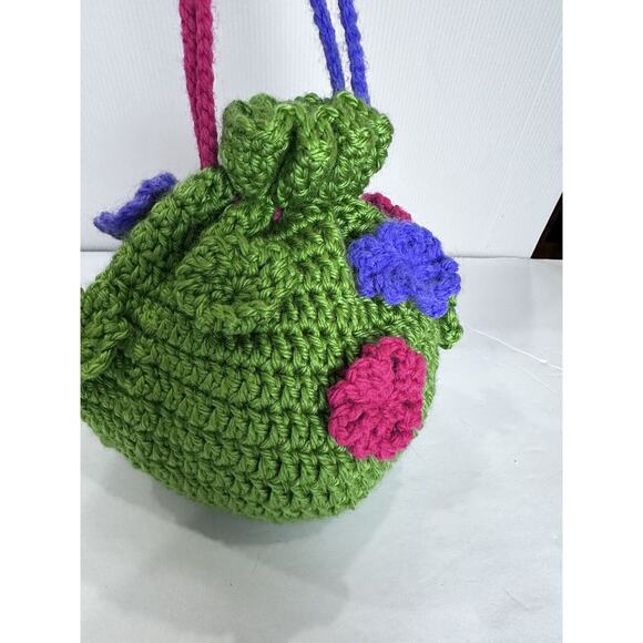 Vintage Handmade Crochet Purse Drawstring With Lining Round Pouch Flower Design - Picture 2 of 16